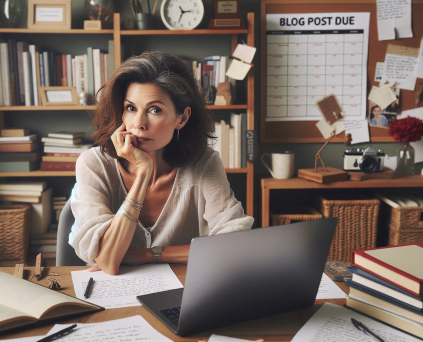 a professional blogger, sitting in her home office looking contemplative and slightly stressed