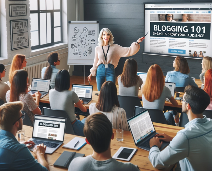 A photo in landscape mode of a woman in her early forties, teaching a diverse group of aspiring bloggers in a workshop setting