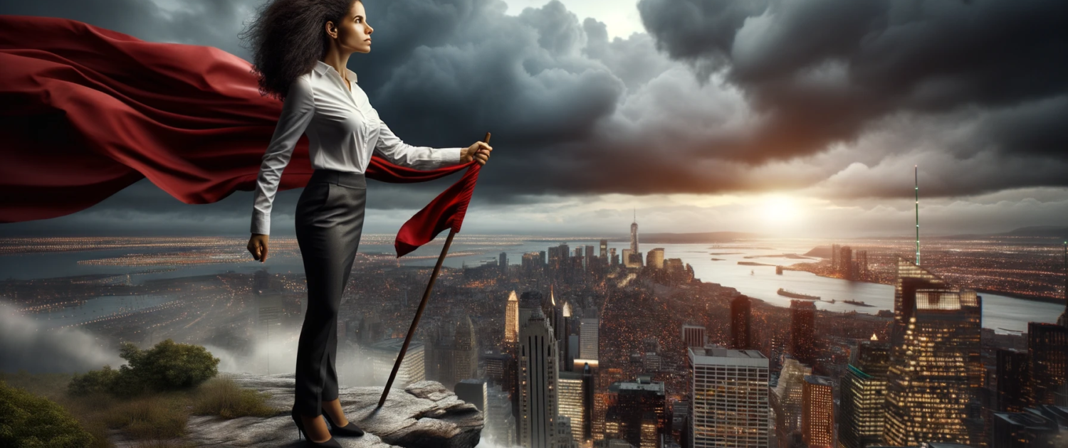 Photo: A determined businesswoman of African descent stands at the edge of a cliff, overlooking a vast cityscape at dawn. The wind rustles her hair and clothes. In her hand, she firmly grips a red flag symbolizing passion. Behind her, storm clouds gather, representing challenges. Yet, her posture is resolute, her eyes fixed on the horizon, embodying the spirit of facing challenges with unwavering passion in business development.