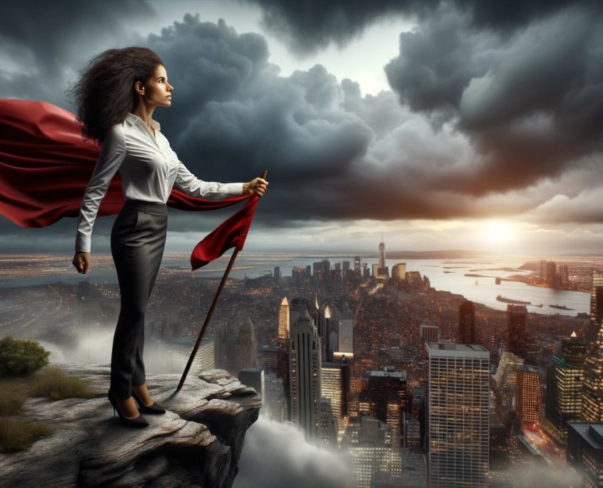 Photo: A determined businesswoman of African descent stands at the edge of a cliff, overlooking a vast cityscape at dawn. The wind rustles her hair and clothes. In her hand, she firmly grips a red flag symbolizing passion. Behind her, storm clouds gather, representing challenges. Yet, her posture is resolute, her eyes fixed on the horizon, embodying the spirit of facing challenges with unwavering passion in business development.